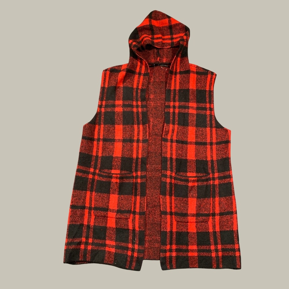 Unbranded Plaid Hooded Vest Women Red Black Open Front Long Sweater Knit Pocket